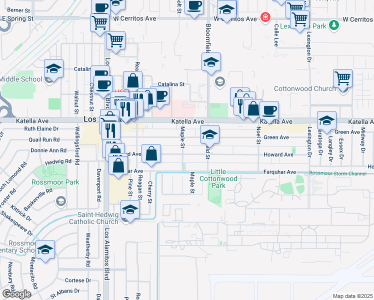 map of restaurants, bars, coffee shops, grocery stores, and more near 3881 Howard Avenue in Los Alamitos