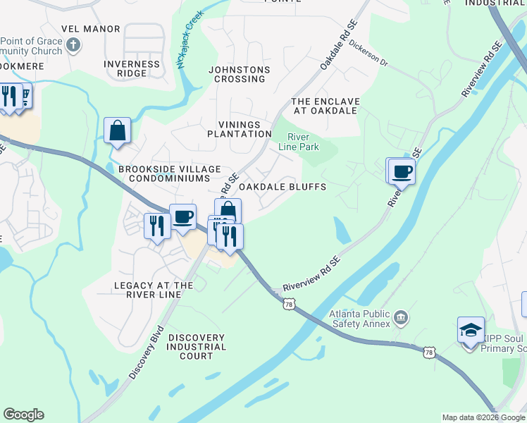map of restaurants, bars, coffee shops, grocery stores, and more near 6201 Indian Wood Circle in Mableton