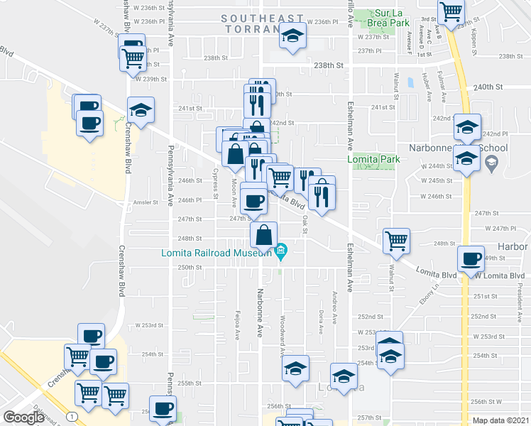 map of restaurants, bars, coffee shops, grocery stores, and more near 24648 Narbonne Avenue in Lomita