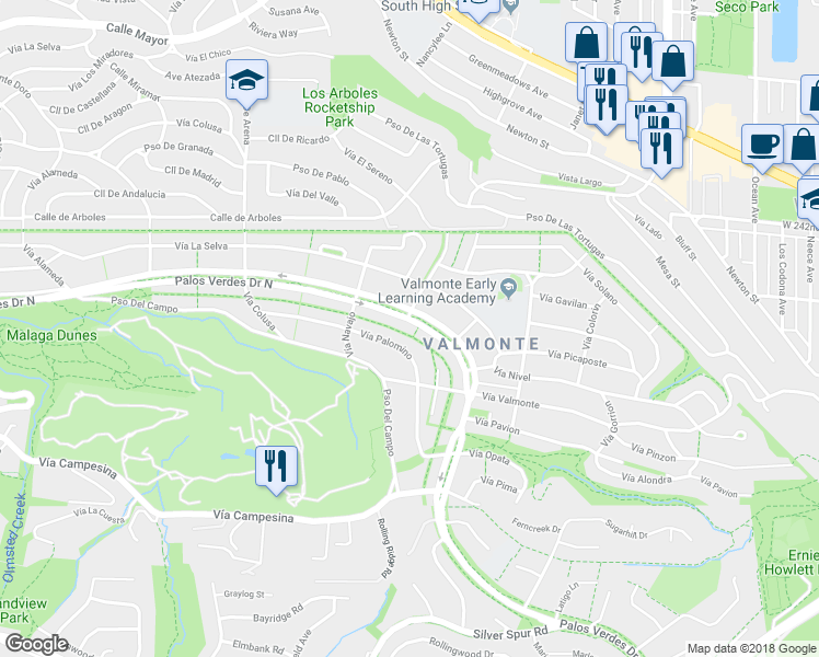 map of restaurants, bars, coffee shops, grocery stores, and more near 3644 Palos Verdes Drive North in Palos Verdes Estates