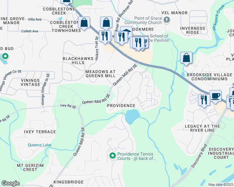 map of restaurants, bars, coffee shops, grocery stores, and more near 6420 Crown Forest Lane in Mableton