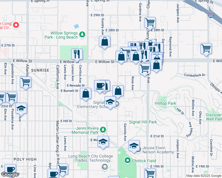 map of restaurants, bars, coffee shops, grocery stores, and more near 1505 East Burnett Street in Signal Hill