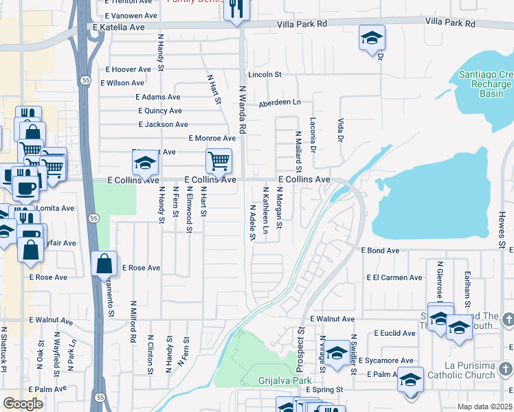 map of restaurants, bars, coffee shops, grocery stores, and more near 820 North Kathleen Lane in Orange