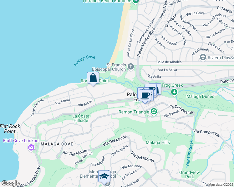 map of restaurants, bars, coffee shops, grocery stores, and more near 344 Vía Almar in Palos Verdes Estates