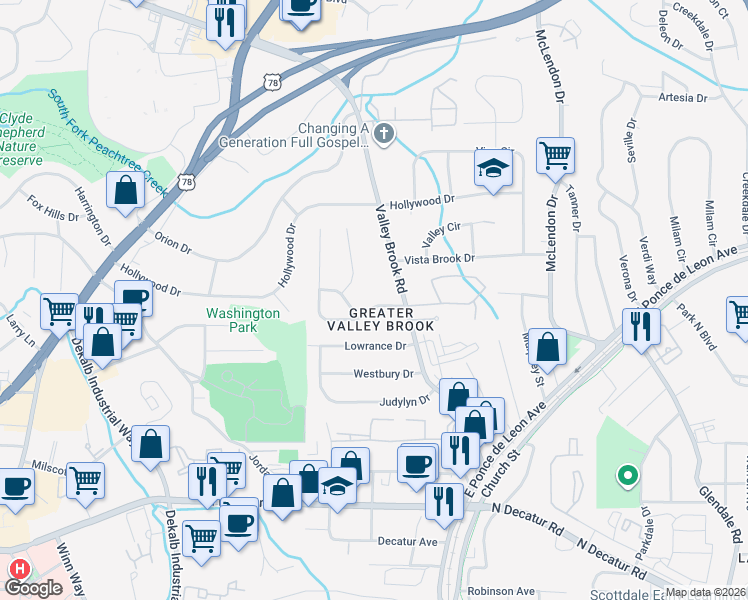 map of restaurants, bars, coffee shops, grocery stores, and more near 2968 Fantasy Lane in Decatur