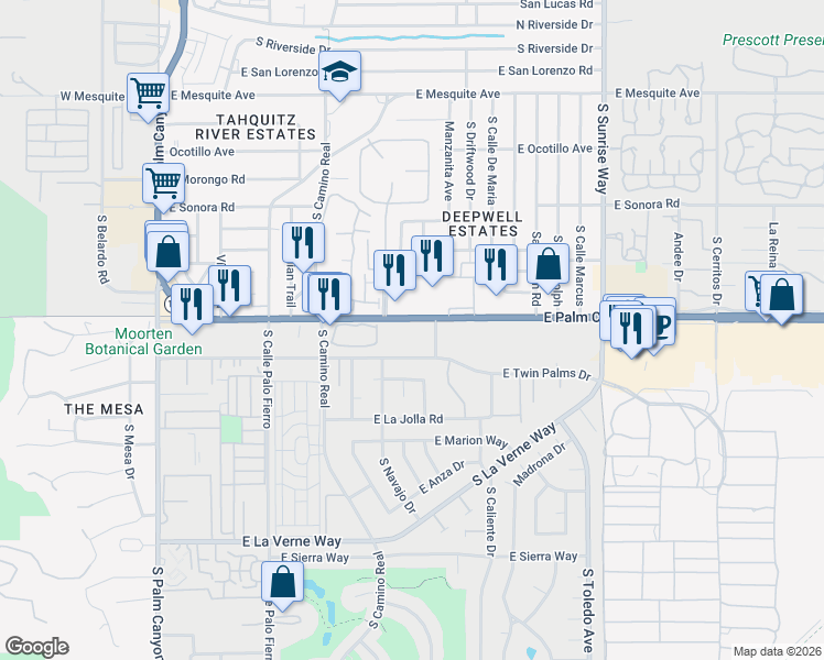 map of restaurants, bars, coffee shops, grocery stores, and more near 1111 East Palm Canyon Drive in Palm Springs