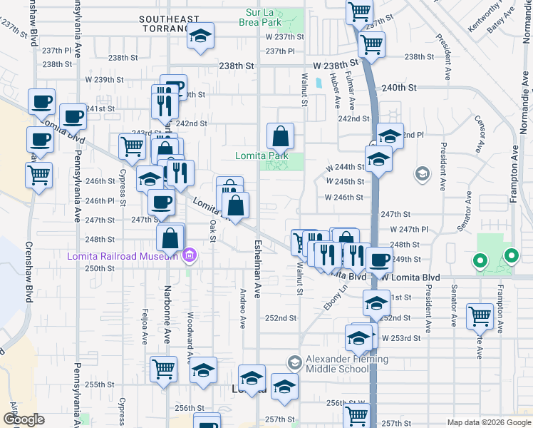 map of restaurants, bars, coffee shops, grocery stores, and more near 24638 Eshelman Avenue in Lomita