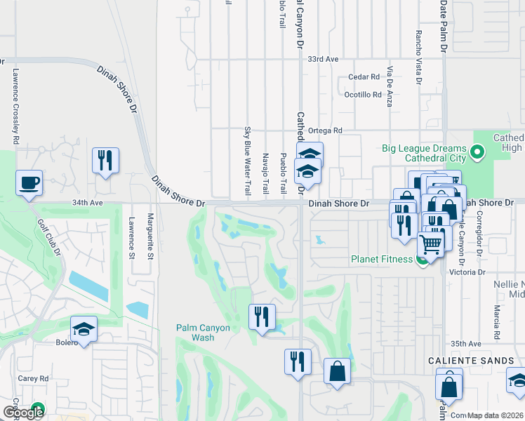 map of restaurants, bars, coffee shops, grocery stores, and more near 68075 Lakeland Drive in Cathedral City