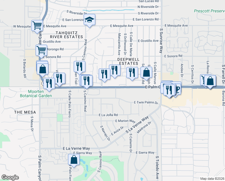 map of restaurants, bars, coffee shops, grocery stores, and more near 1111 East Palm Canyon Drive in Palm Springs