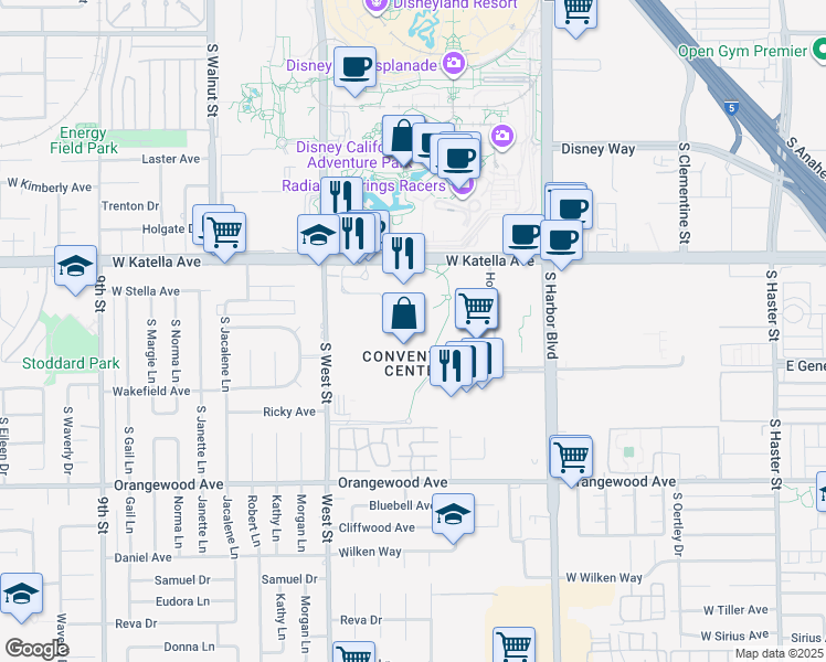 map of restaurants, bars, coffee shops, grocery stores, and more near 800 West Katella Avenue in Anaheim