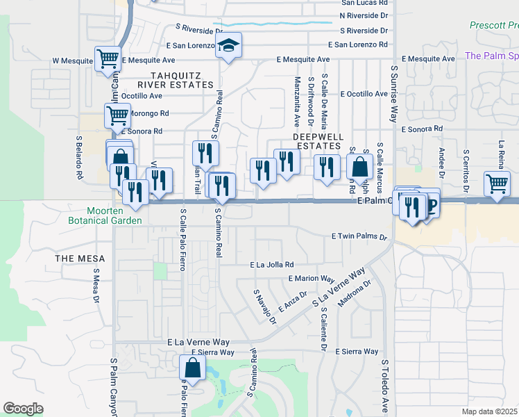map of restaurants, bars, coffee shops, grocery stores, and more near 1111 East Palm Canyon Drive in Palm Springs