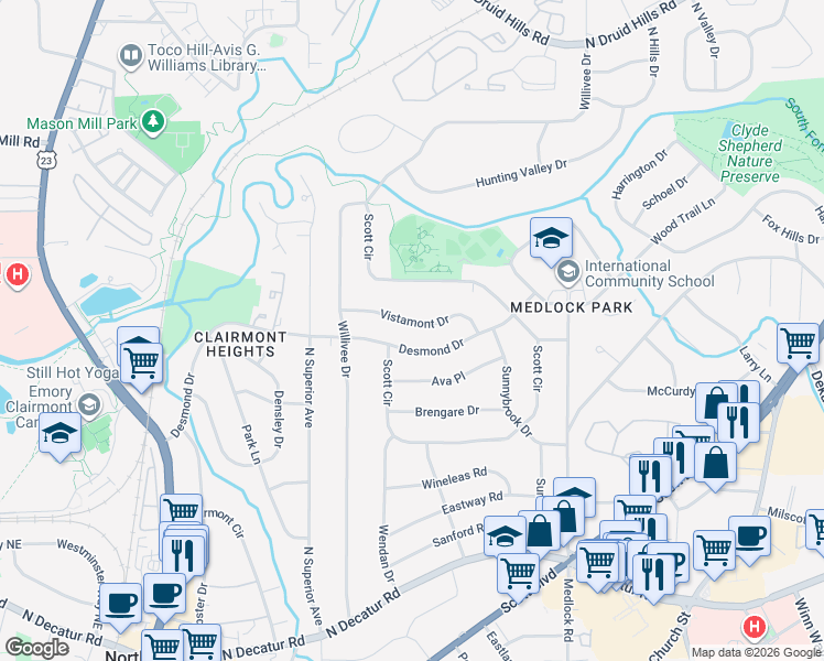 map of restaurants, bars, coffee shops, grocery stores, and more near 2277 Vistamont Drive in Decatur