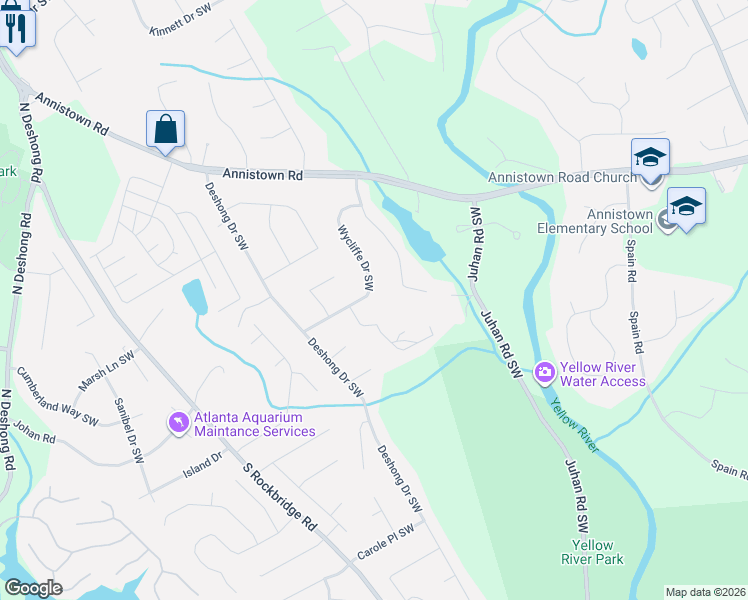 map of restaurants, bars, coffee shops, grocery stores, and more near 4996 Wycliffe Drive Southwest in Stone Mountain