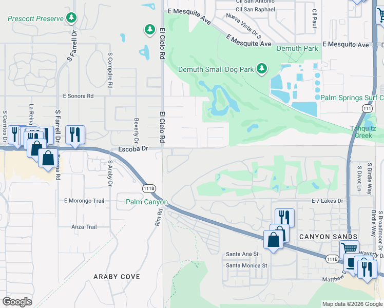 map of restaurants, bars, coffee shops, grocery stores, and more near 3595 Ridgeview Circle South in Palm Springs