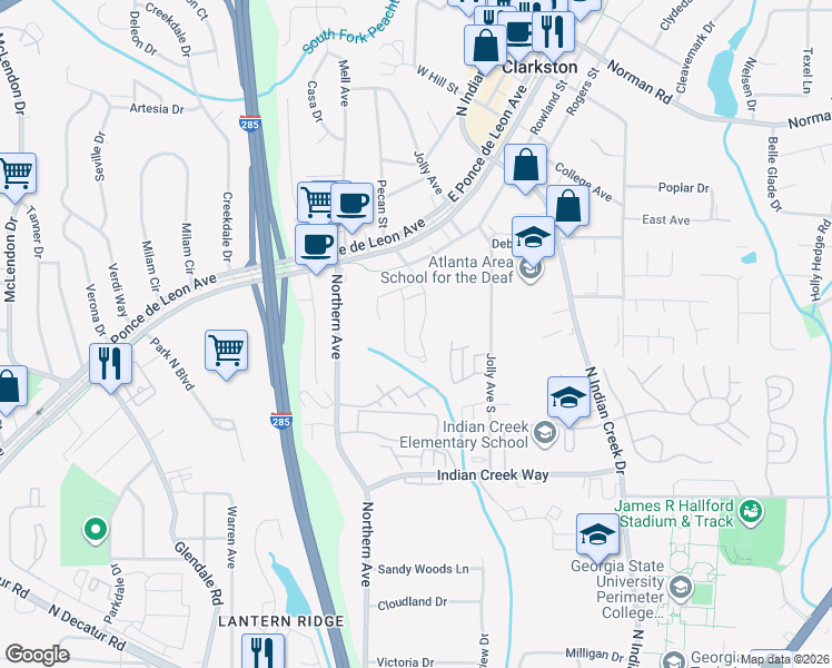 map of restaurants, bars, coffee shops, grocery stores, and more near 875 Glynn Oaks Drive in Clarkston