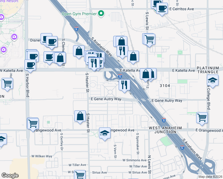 map of restaurants, bars, coffee shops, grocery stores, and more near 1835 South Manchester Avenue in Anaheim