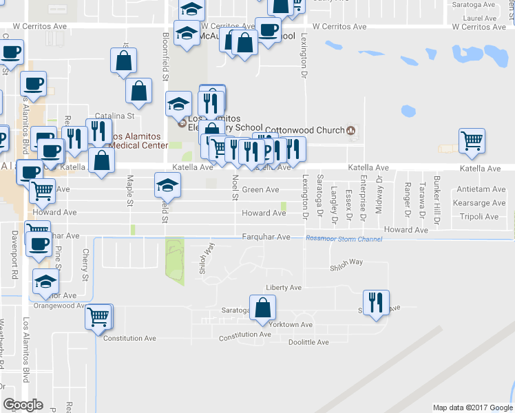 map of restaurants, bars, coffee shops, grocery stores, and more near 4311 Howard Avenue in Los Alamitos