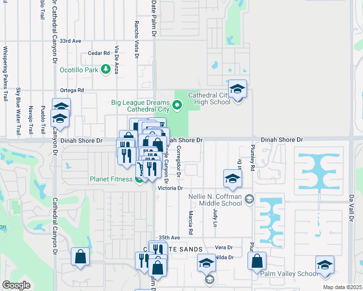 map of restaurants, bars, coffee shops, grocery stores, and more near 20 Corregidor Drive in Cathedral City