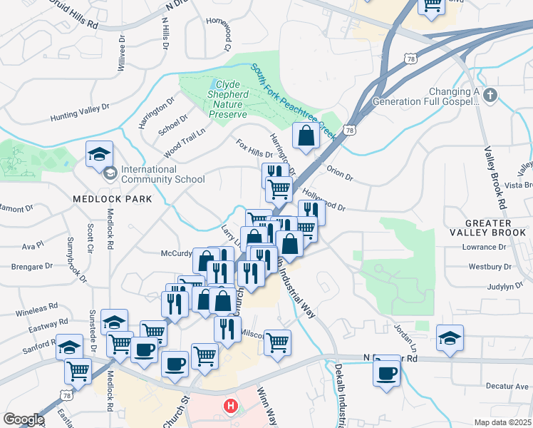 map of restaurants, bars, coffee shops, grocery stores, and more near 1826 Lawrenceville Hwy in Decatur