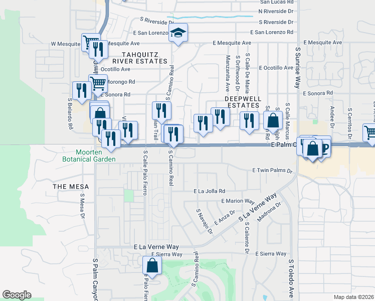 map of restaurants, bars, coffee shops, grocery stores, and more near 905 Oceo Circle South in Palm Springs