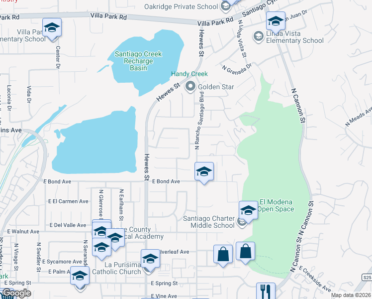 map of restaurants, bars, coffee shops, grocery stores, and more near 4730 East Blue Bird Avenue in Orange