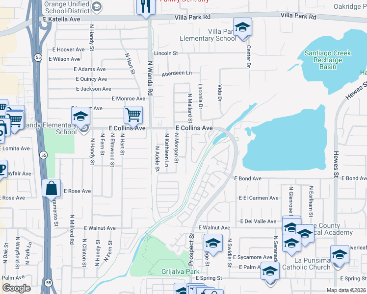 map of restaurants, bars, coffee shops, grocery stores, and more near 822 North Mallard Street in Orange