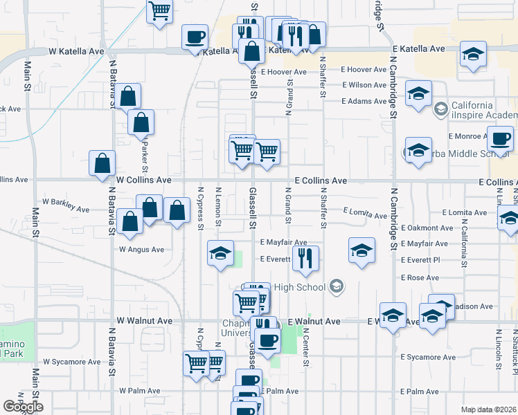 map of restaurants, bars, coffee shops, grocery stores, and more near 820 North Orange Street in Orange