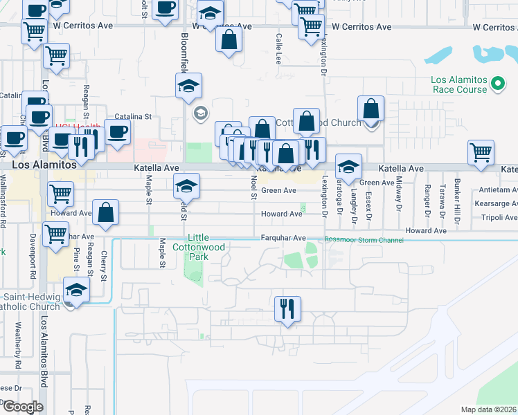 map of restaurants, bars, coffee shops, grocery stores, and more near 11131 Noel Street in Los Alamitos