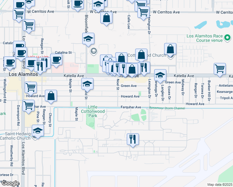 map of restaurants, bars, coffee shops, grocery stores, and more near 11131 Noel Street in Los Alamitos