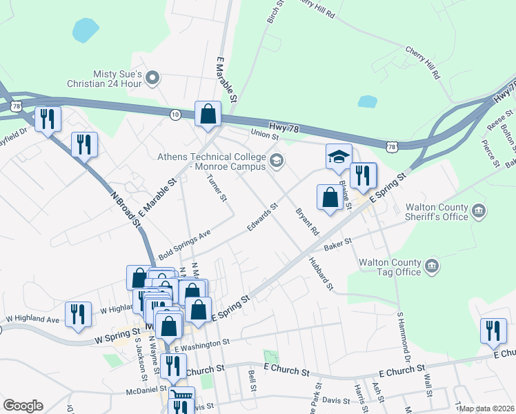 map of restaurants, bars, coffee shops, grocery stores, and more near 205 Glen Iris Drive in Monroe