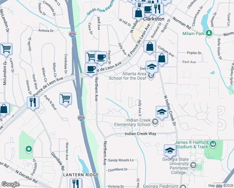map of restaurants, bars, coffee shops, grocery stores, and more near 875 Glynn Oaks Drive in Clarkston