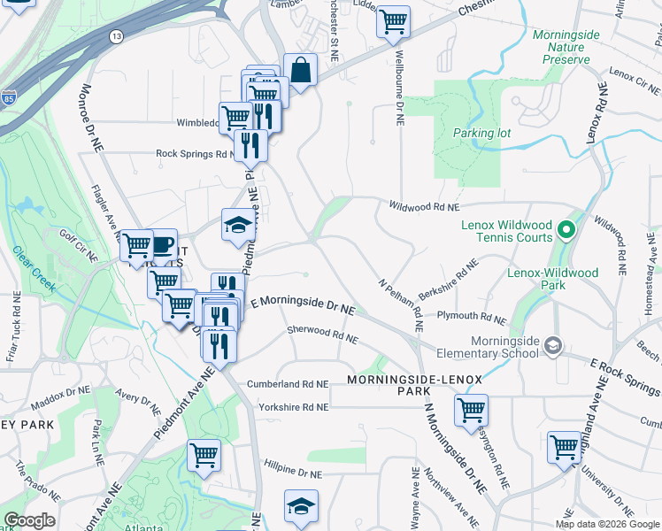 map of restaurants, bars, coffee shops, grocery stores, and more near 1703 North Rock Springs Road Northeast in Atlanta