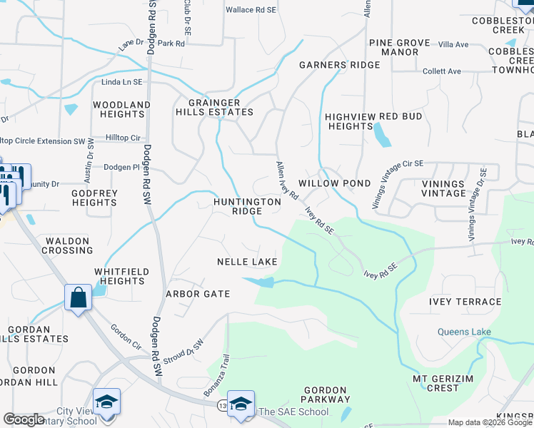 map of restaurants, bars, coffee shops, grocery stores, and more near 6233 Huntington Ridge Road in Mableton
