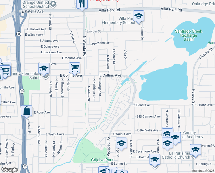 map of restaurants, bars, coffee shops, grocery stores, and more near 822 North Mallard Street in Orange