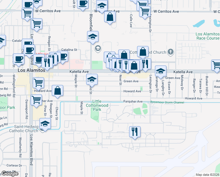map of restaurants, bars, coffee shops, grocery stores, and more near 4151 Howard Avenue in Los Alamitos