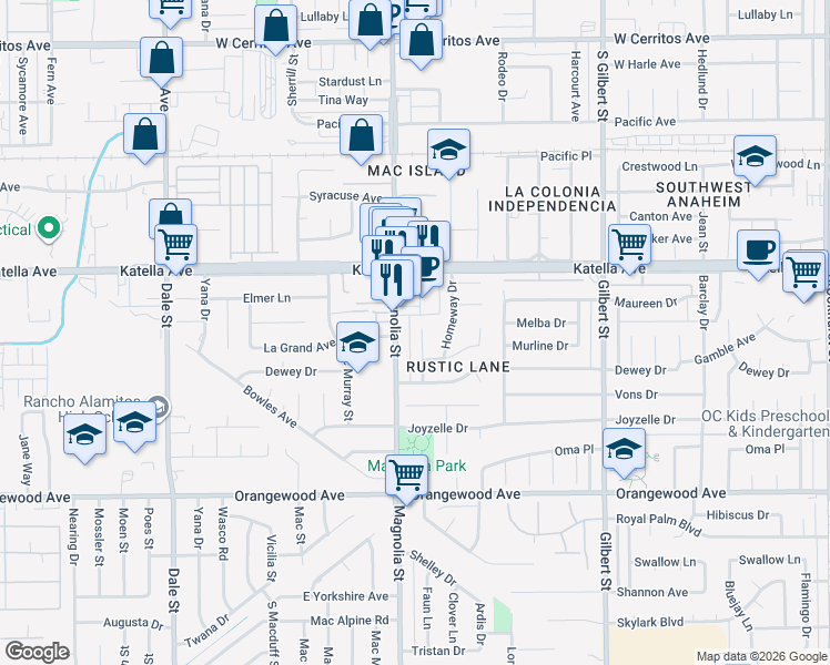 map of restaurants, bars, coffee shops, grocery stores, and more near 11131 Vinevale Street in Garden Grove