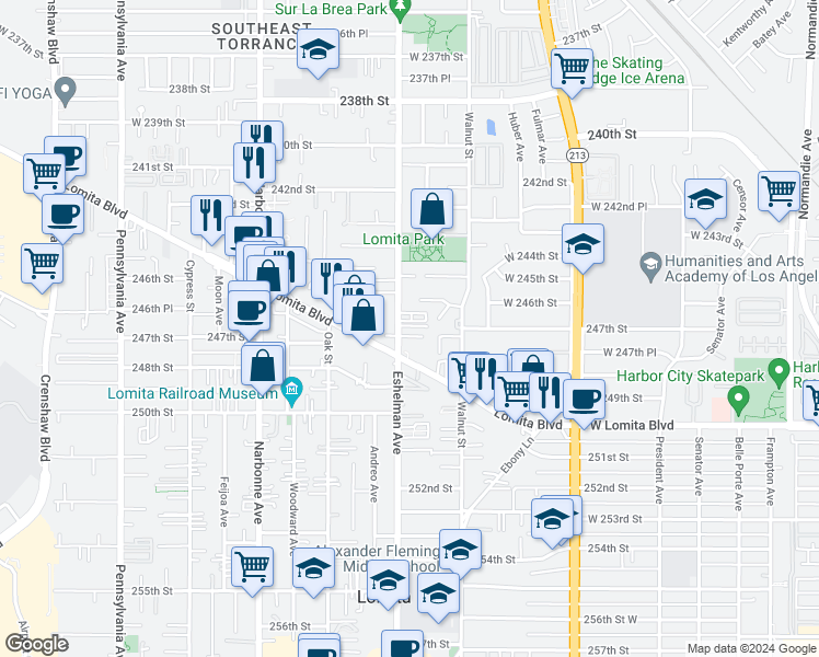 map of restaurants, bars, coffee shops, grocery stores, and more near 24638 Eshelman Avenue in Lomita