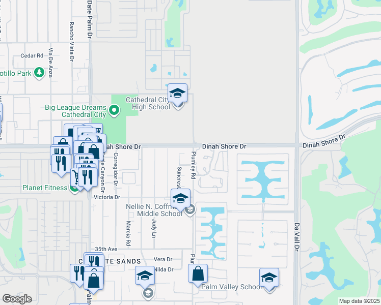 map of restaurants, bars, coffee shops, grocery stores, and more near 34061 Plumley Road in Cathedral City