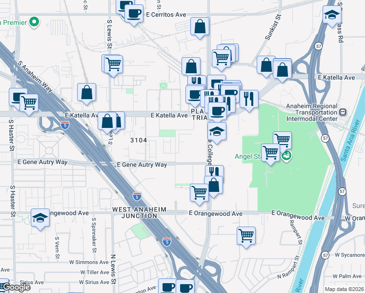 map of restaurants, bars, coffee shops, grocery stores, and more near 1860 Union Street in Anaheim
