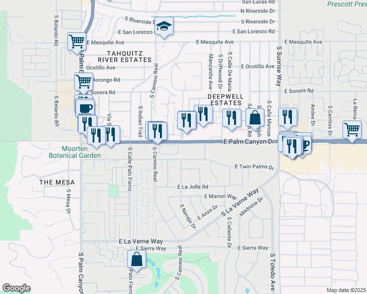 map of restaurants, bars, coffee shops, grocery stores, and more near 1111 East Palm Canyon Drive in Palm Springs