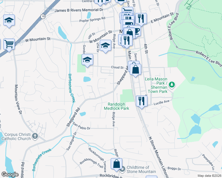map of restaurants, bars, coffee shops, grocery stores, and more near 802 Ridge Avenue in Stone Mountain