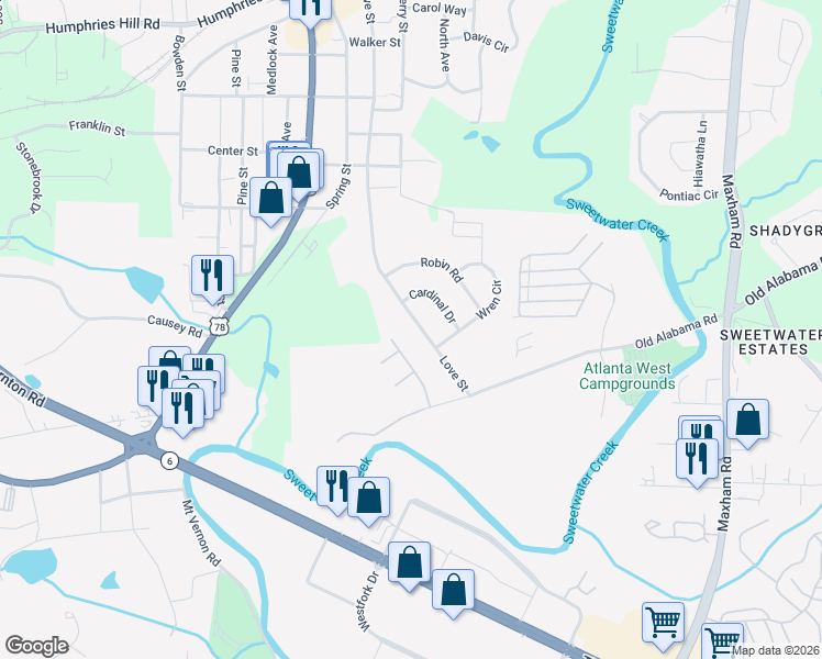 map of restaurants, bars, coffee shops, grocery stores, and more near 6300 Love Street in Austell