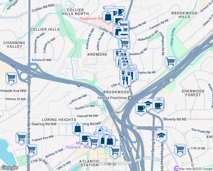 map of restaurants, bars, coffee shops, grocery stores, and more near 67 25th Street Northwest in Atlanta