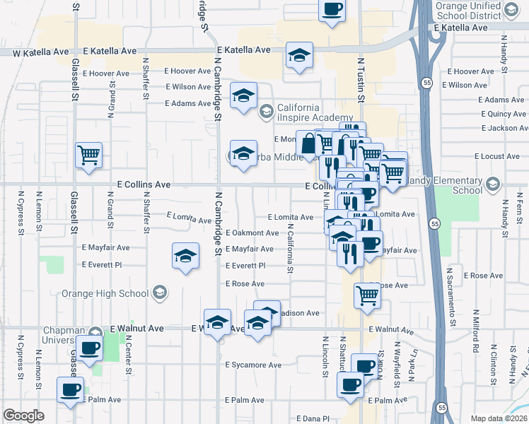 map of restaurants, bars, coffee shops, grocery stores, and more near 1123 East Lomita Avenue in Orange