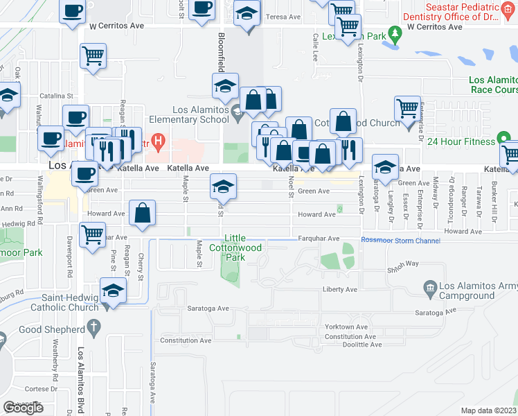 map of restaurants, bars, coffee shops, grocery stores, and more near 4151 Howard Avenue in Los Alamitos