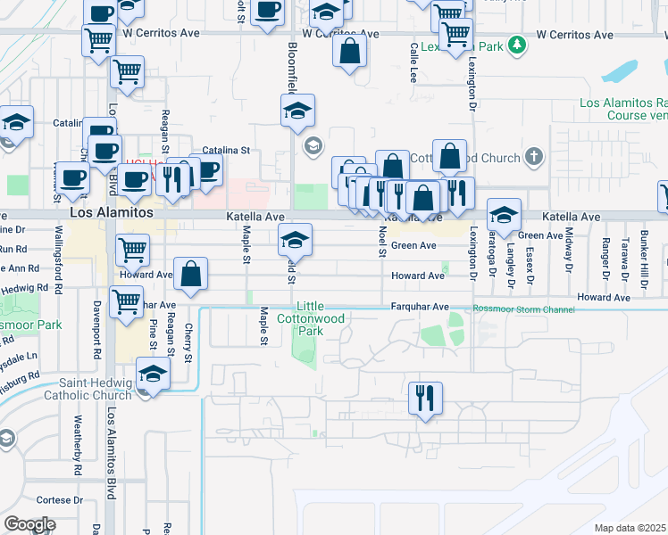 map of restaurants, bars, coffee shops, grocery stores, and more near 4151 Howard Avenue in Los Alamitos