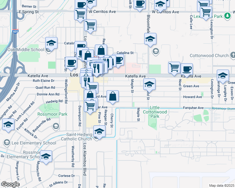 map of restaurants, bars, coffee shops, grocery stores, and more near 3721 Howard Avenue in Los Alamitos
