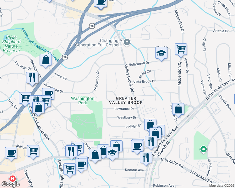 map of restaurants, bars, coffee shops, grocery stores, and more near 795 Cinderella Way in Decatur