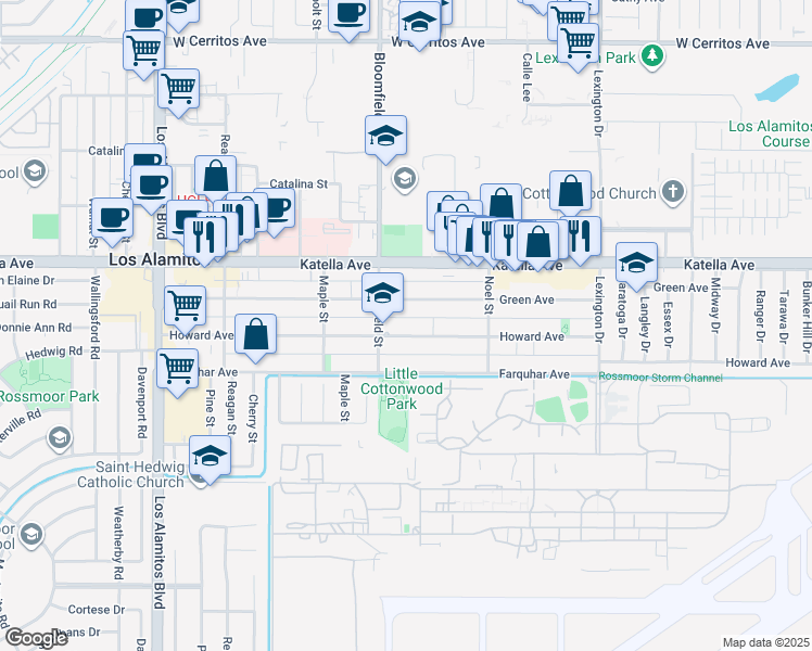 map of restaurants, bars, coffee shops, grocery stores, and more near 4051 Howard Avenue in Los Alamitos