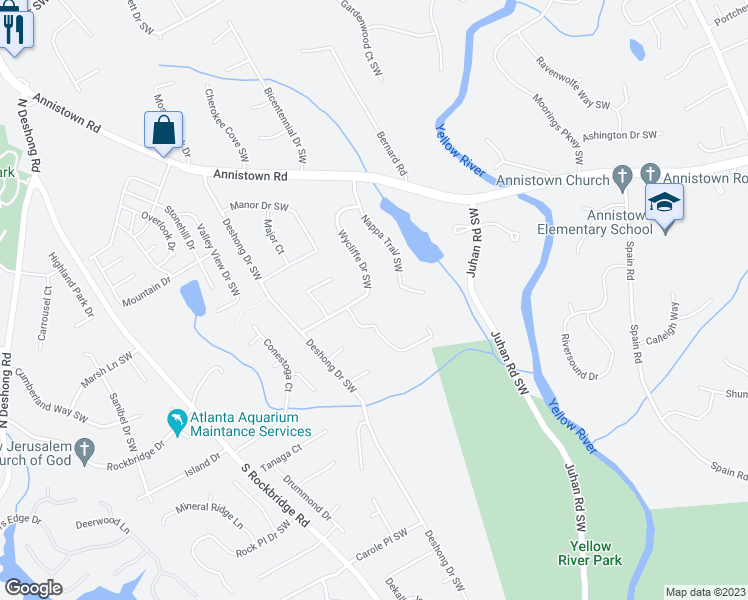 map of restaurants, bars, coffee shops, grocery stores, and more near 4996 Wycliffe Drive Southwest in Stone Mountain